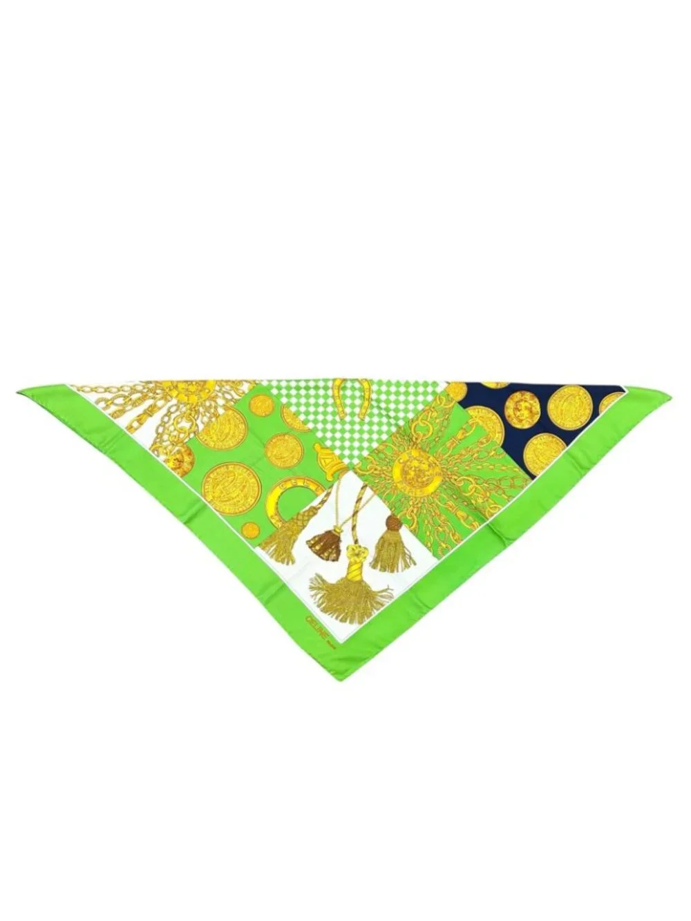 Celine Chain Coin All Over Print Silk Green Gold Scarf
